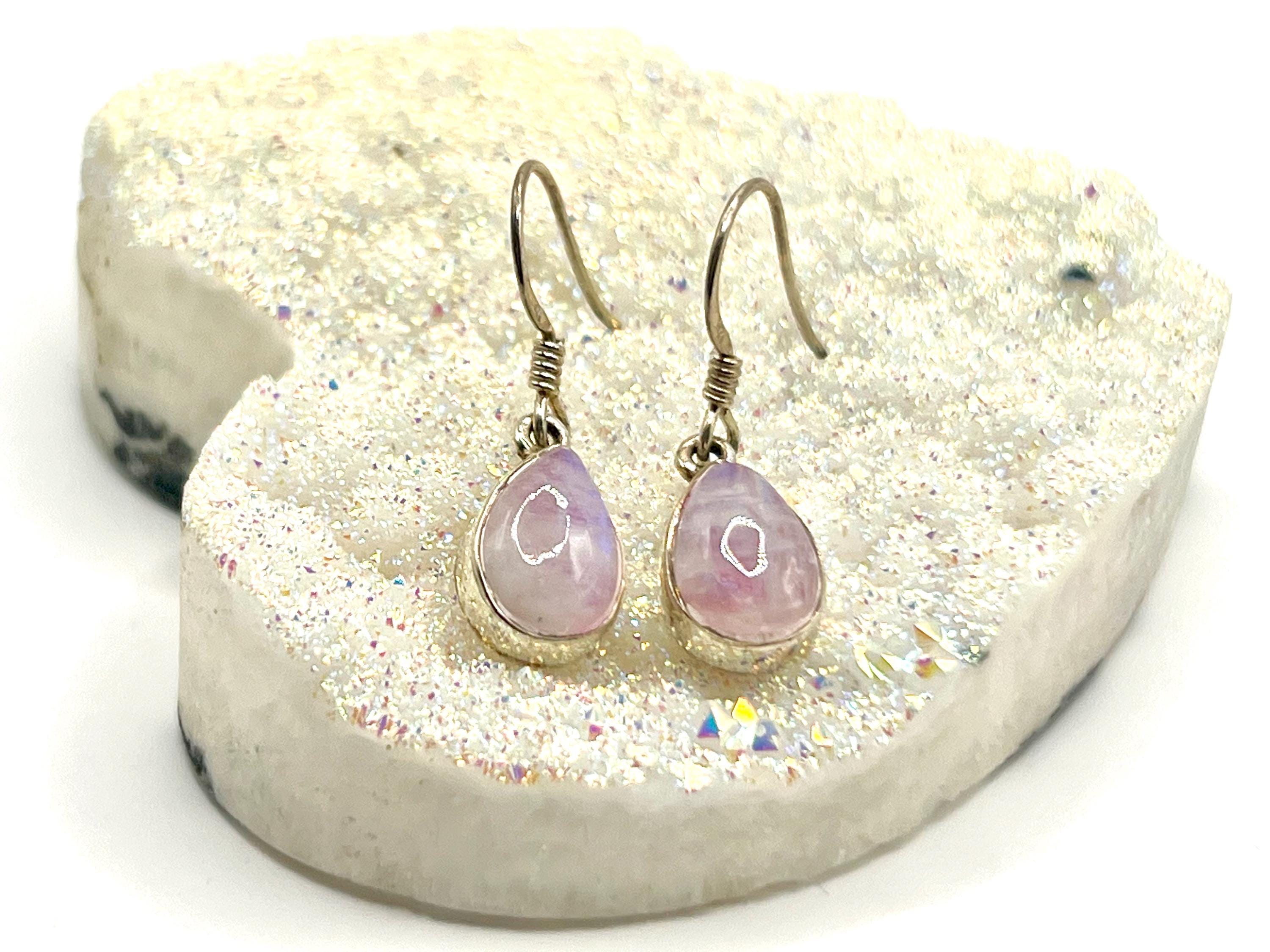 Sterling Silver Pink Moonstone Drop Earrings, Heart Chakra Crystal Dangle Earrings, Metaphysical Shop, June Birthday Gemstone Gift for her