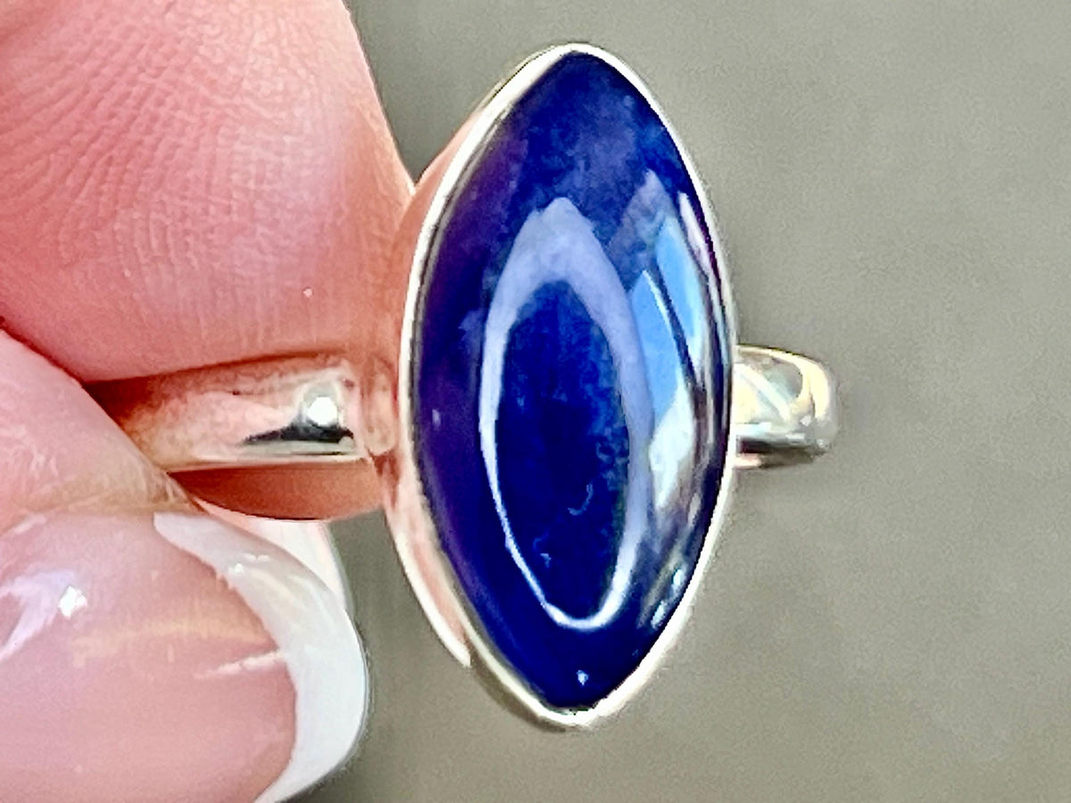 Sodalite Crystal Ring Size O, 925 Sterling Silver, Healing Crystal Jewellery Gift for her, Blue Gemstone for calm, UK Ethically sourced