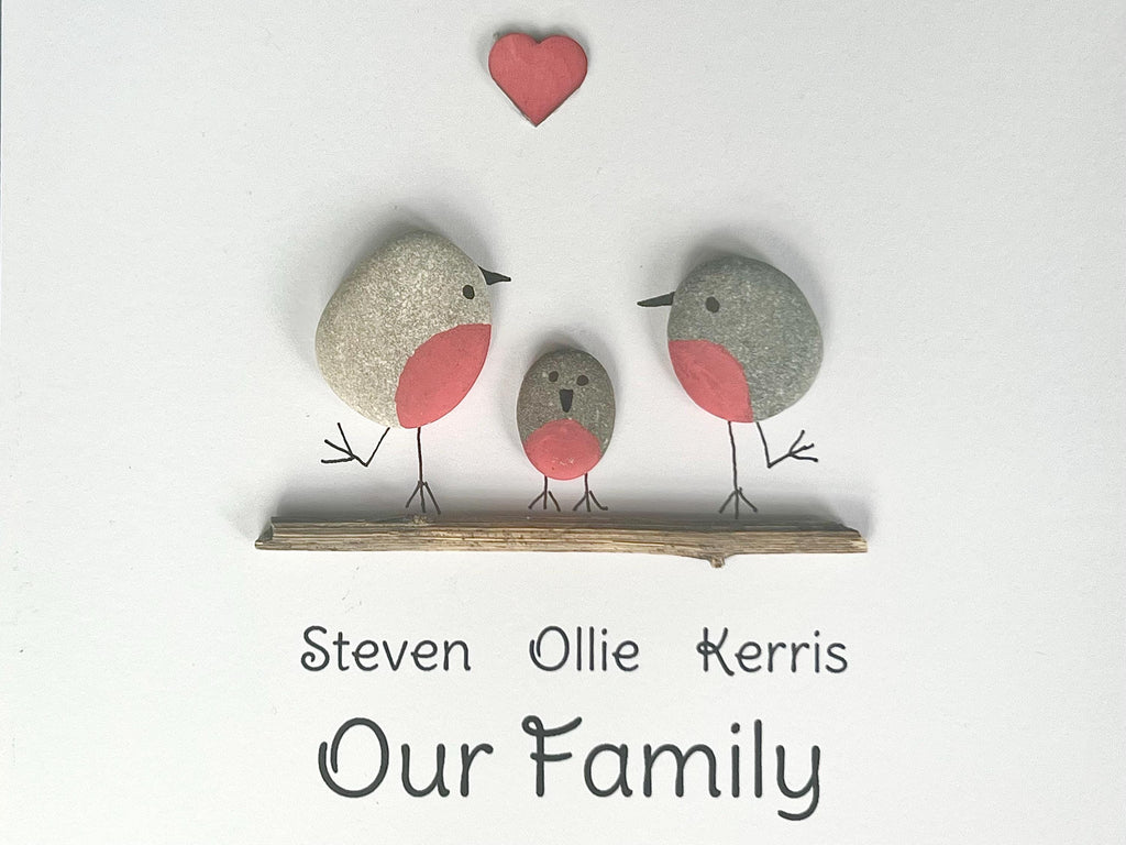 Family Pebble Art Frame, Personalised hand painted Robins, Newborn Wall art gift for New Baby Parents, Bird lovers gift for Grandparents