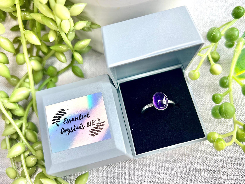 Amethyst Crystal Ring, UK Size P, 925 Sterling Silver, Healing Crystal Jewellery Gift, Purple Gemstone for anxiety, Ethically sourced stones