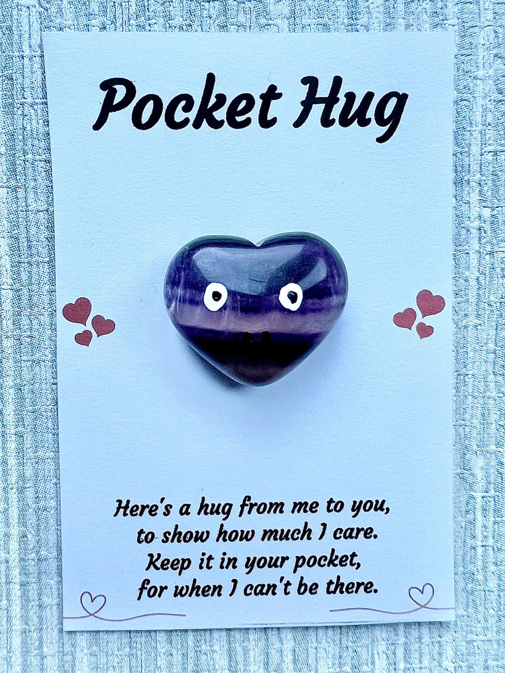Fluorite crystal pocket hug heart, Valentine’s letterbox gift, Mother’s Day, I miss you gift, love you, thinking of you, thank you gift