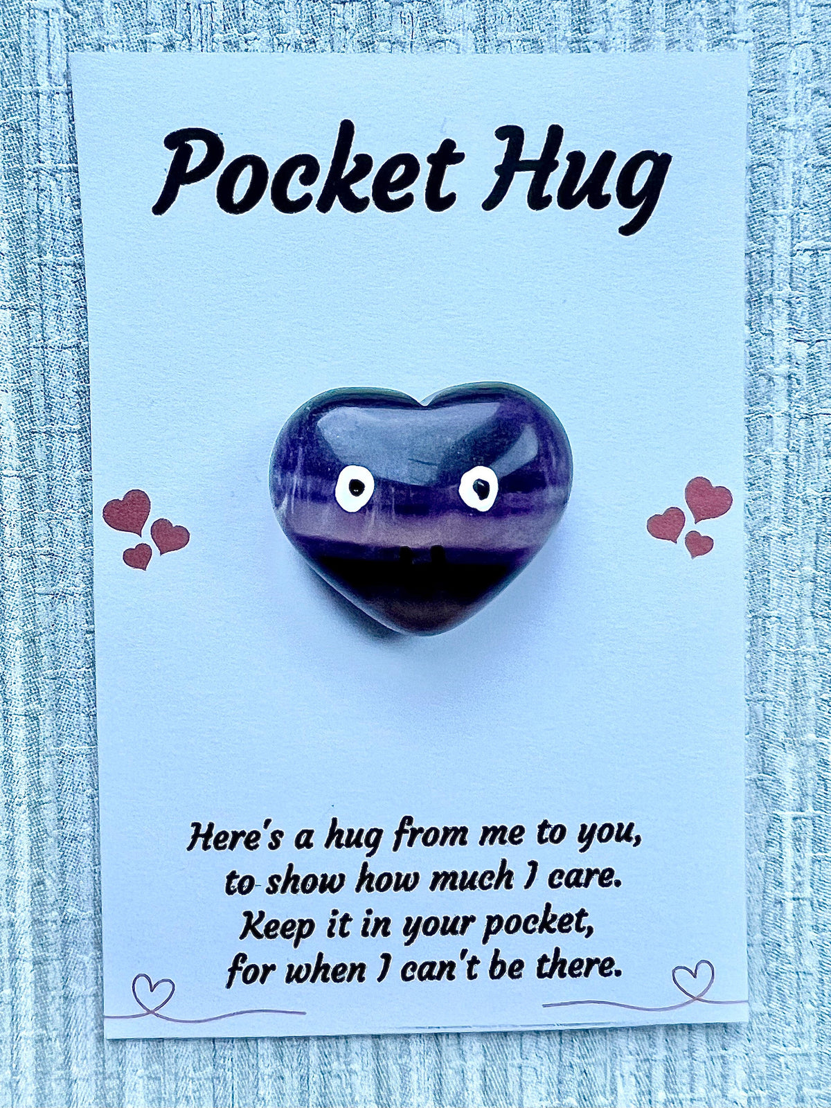 Fluorite crystal pocket hug heart, Valentine’s letterbox gift, Mother’s Day, I miss you gift, love you, thinking of you, thank you gift