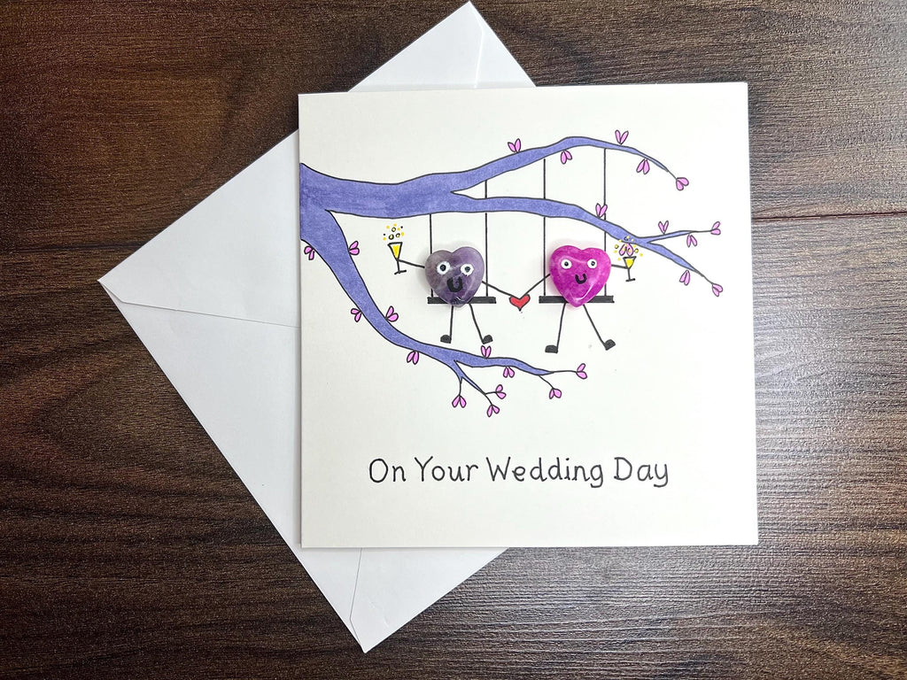 Wedding Crystal Cards, Pocket Hug Greetings Card for Bride and Groom, Handmade Keepsake Gift, Pink, Blue and Purple Amethyst Heart Gemstones