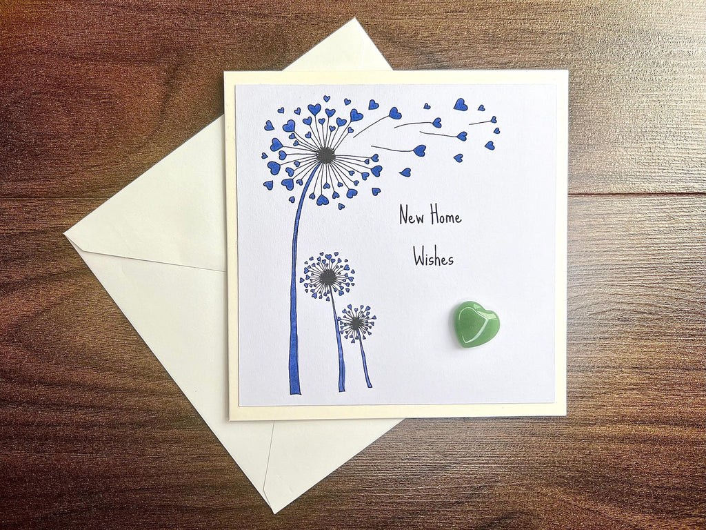 New Home Crystal Cards, Pocket Hug Dandelion Wishes keepsake, Purple Amethyst Heart Gemstones, Green Crystals for luck, House Warming Gift