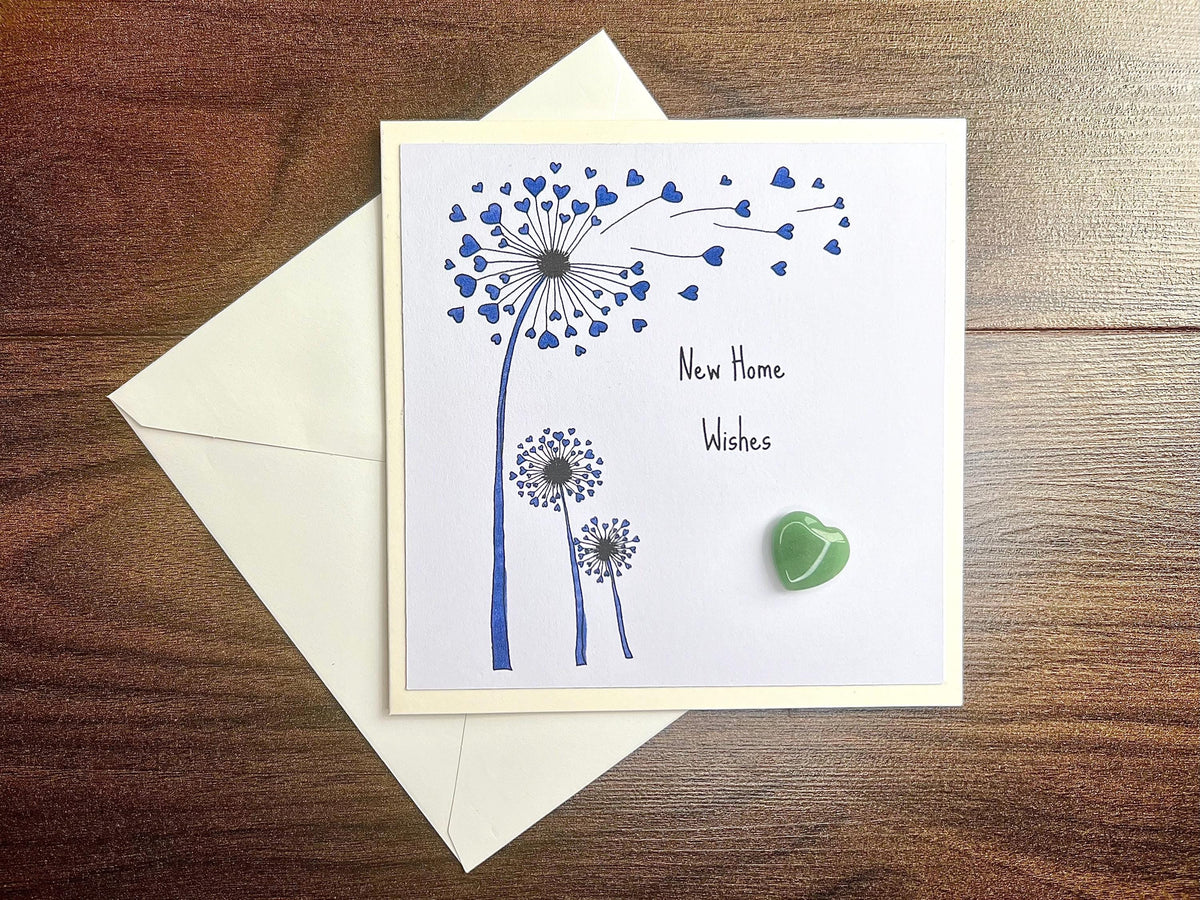 New Home Crystal Cards, Pocket Hug Dandelion Wishes keepsake, Purple Amethyst Heart Gemstones, Green Crystals for luck, House Warming Gift