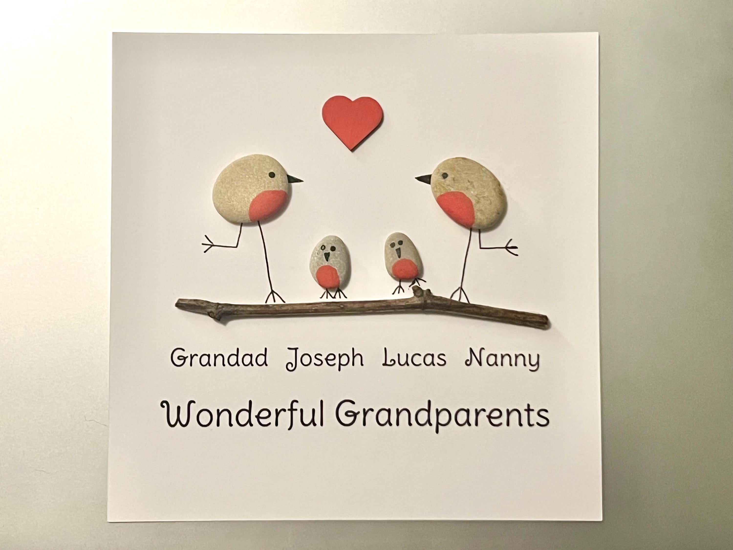 Personalised Wonderful Grandparents Art Frame, Hand Painted Pebble Robins & Driftwood, Family Wall Art Gift, Bird lovers Grandparent gift