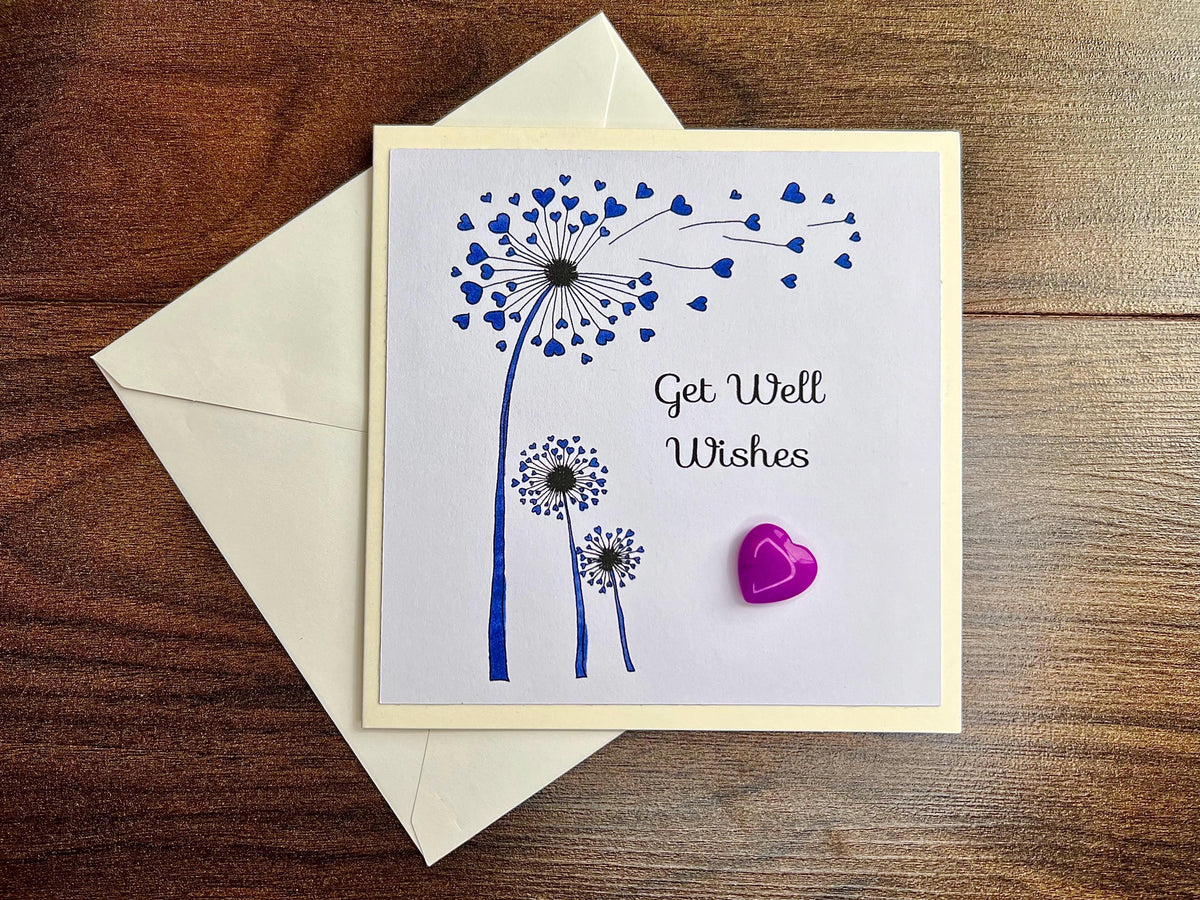 Get Well Soon Crystal Cards, Pocket Hug Dandelion Wishes, Recovery Crystals, Purple Amethyst Heart Gemstones, Gift for illness encouragement