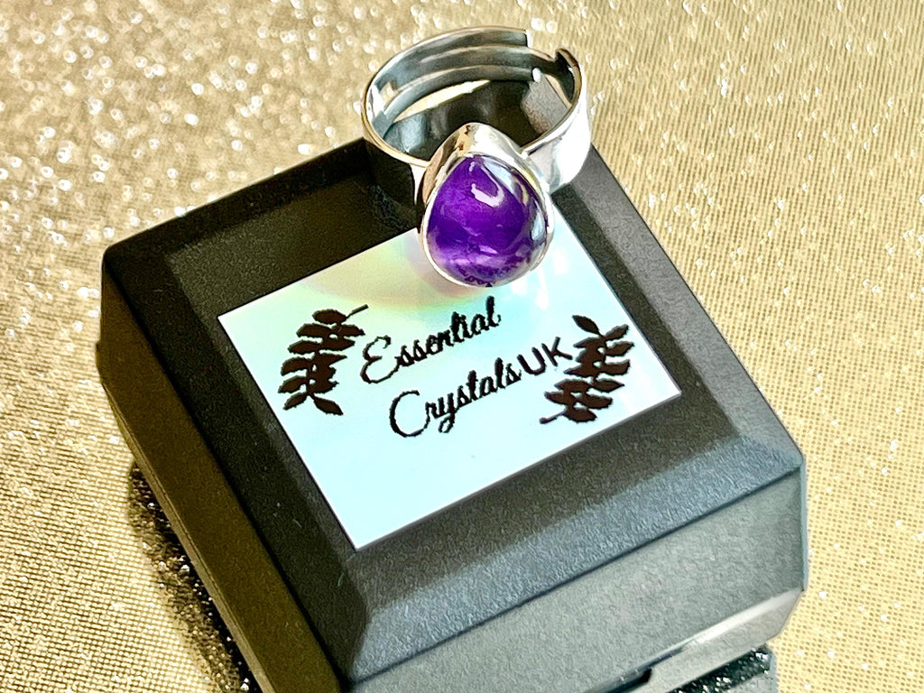 Amethyst Crystal Ring Adjustable, 925 Sterling Silver, Healing Crystal Jewellery Gift, Purple Gemstone for anxiety, UK Ethically sourced