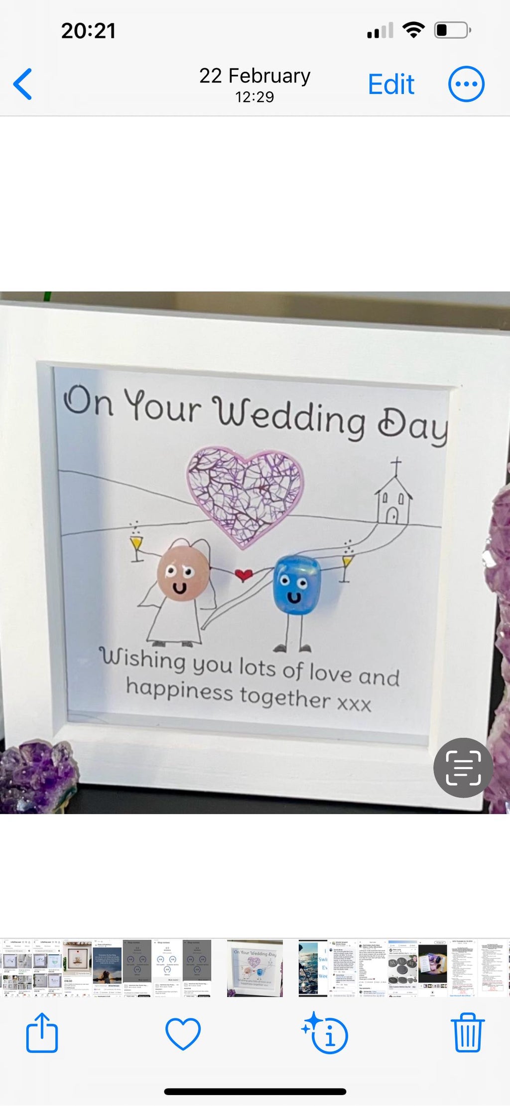 Wedding Day Keepsake Gift, Framed crystal gift for Bride and Groom, hand drawn crystal art wedding present, box framed crystal wall art 18cm
