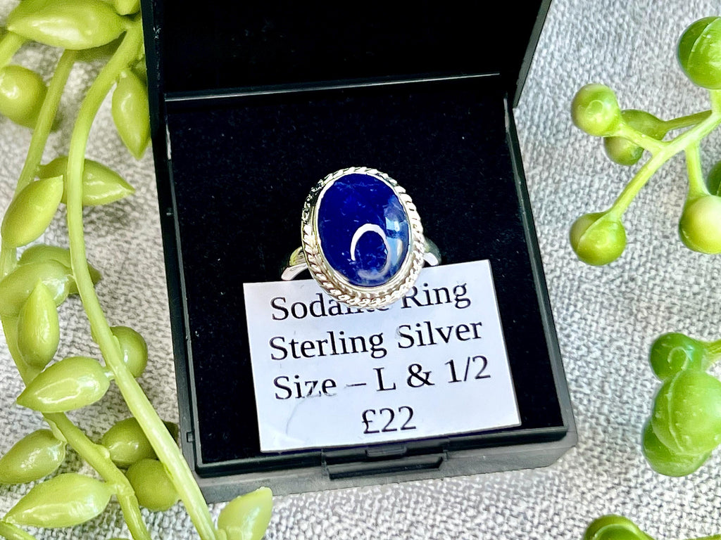 Sodalite Crystal Ring Size L &1/2, 925 Sterling Silver, Healing Crystal Jewellery Gift for her, Blue Gemstone for calm, UK Ethically sourced