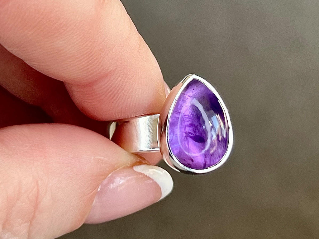 Amethyst Crystal Ring Adjustable, 925 Sterling Silver, Healing Crystal Jewellery Gift, Purple Gemstone for anxiety, UK Ethically sourced
