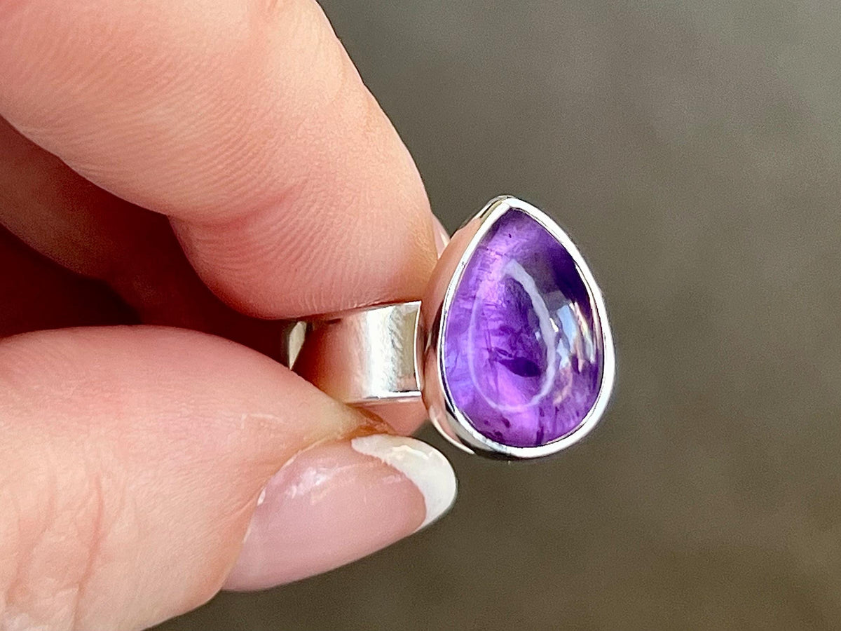 Amethyst Crystal Ring Adjustable, 925 Sterling Silver, Healing Crystal Jewellery Gift, Purple Gemstone for anxiety, UK Ethically sourced
