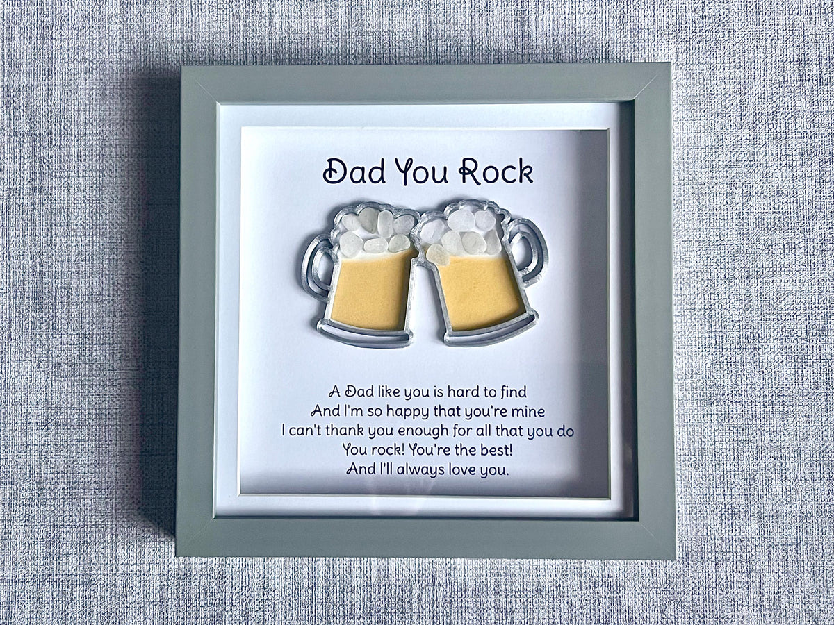 Dad 3D printed beer tankard frame with sea glass, Dad you rock wall art gift, Birthday present for him, Fathers Day, Christmas ideas