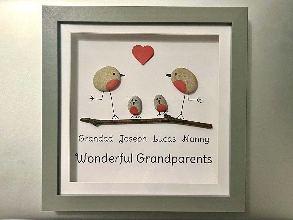 Personalised Wonderful Grandparents Art Frame, Hand Painted Pebble Robins & Driftwood, Family Wall Art Gift, Bird lovers Grandparent gift