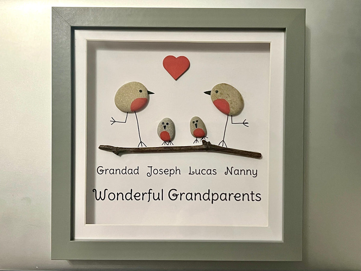 Personalised Wonderful Grandparents Art Frame, Hand Painted Pebble Robins & Driftwood, Family Wall Art Gift, Bird lovers Grandparent gift
