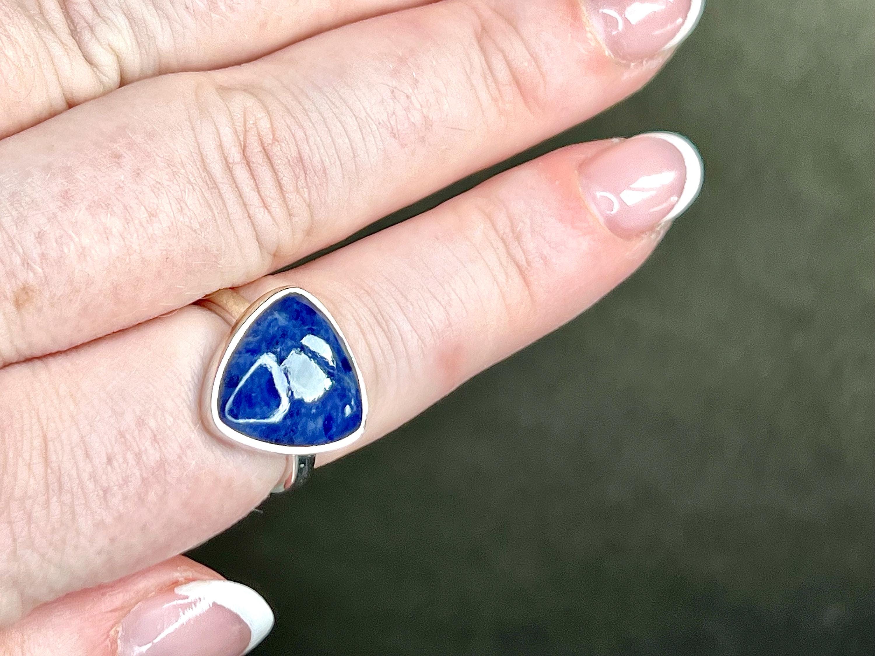 Sodalite Crystal Ring Size P &1/2, 925 Sterling Silver, Healing Crystal Triangle Stone Gift, Blue Gemstone for calm, UK Ethically sourced