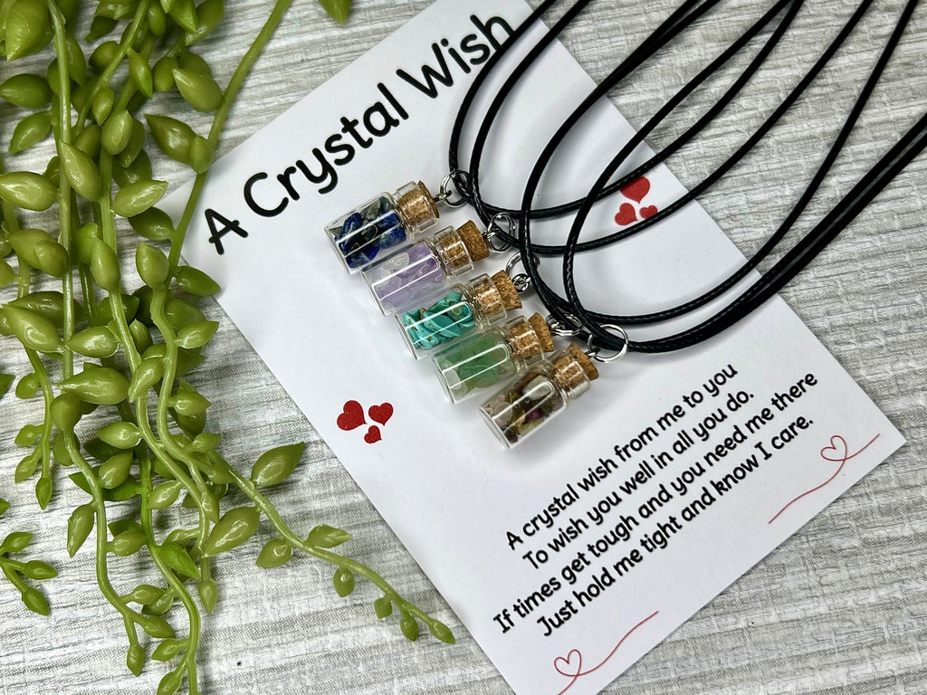 Pocket Hug Necklace, Crystal Wish Bottle Gift Card, Crystal Letterbox Gift, Amethyst Chips, Blue Howlite, Green Aventurine, Sodalite, Chakra