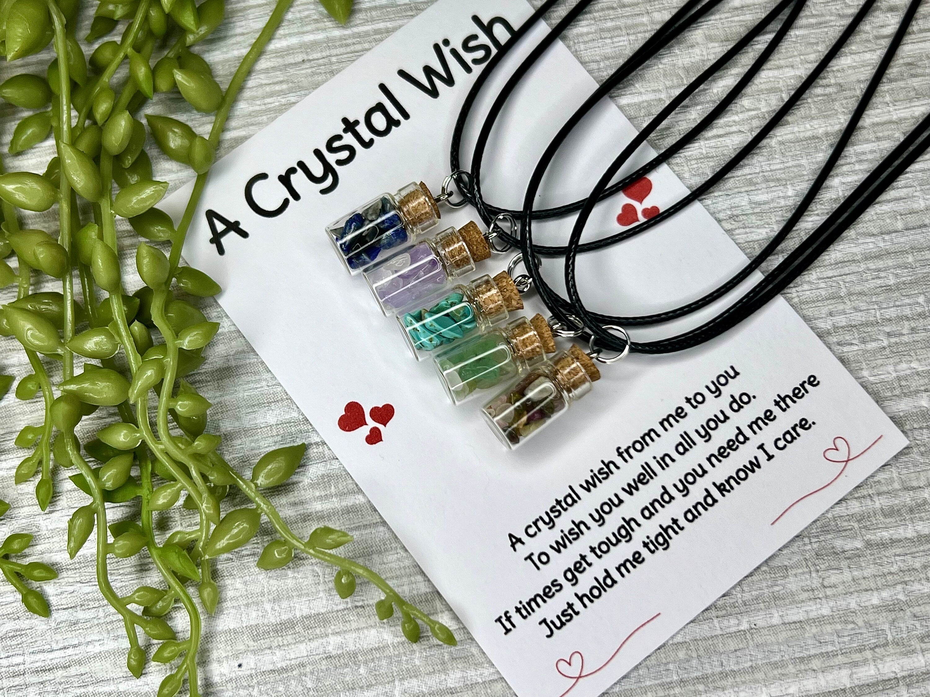 Pocket Hug Necklace, Crystal Wish Bottle Gift Card, Crystal Letterbox Gift, Amethyst Chips, Blue Howlite, Green Aventurine, Sodalite, Chakra