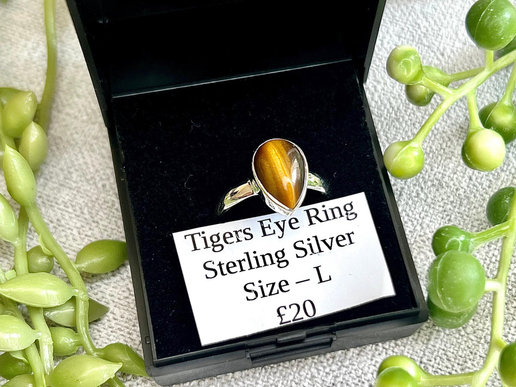 Tigers Eye Crystal Ring Size L, 925 Sterling Silver, Healing Crystal Jewellery Gift, Golden Gemstone for strength, UK Ethically sourced