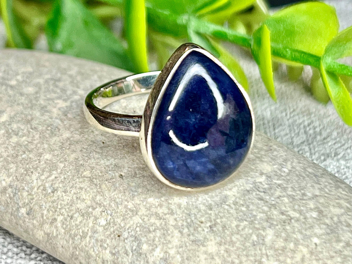 Sodalite Crystal Ring Size Q, 925 Sterling Silver, Healing Crystal Jewellery Gift for her, Blue Gemstone for calm, UK Ethically sourced