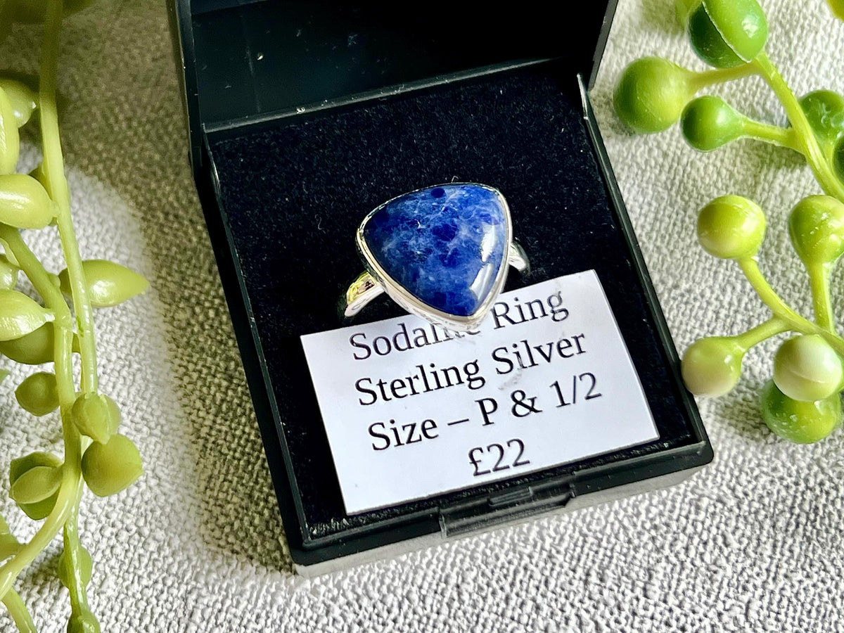 Sodalite Crystal Ring Size P &1/2, 925 Sterling Silver, Healing Crystal Triangle Stone Gift, Blue Gemstone for calm, UK Ethically sourced
