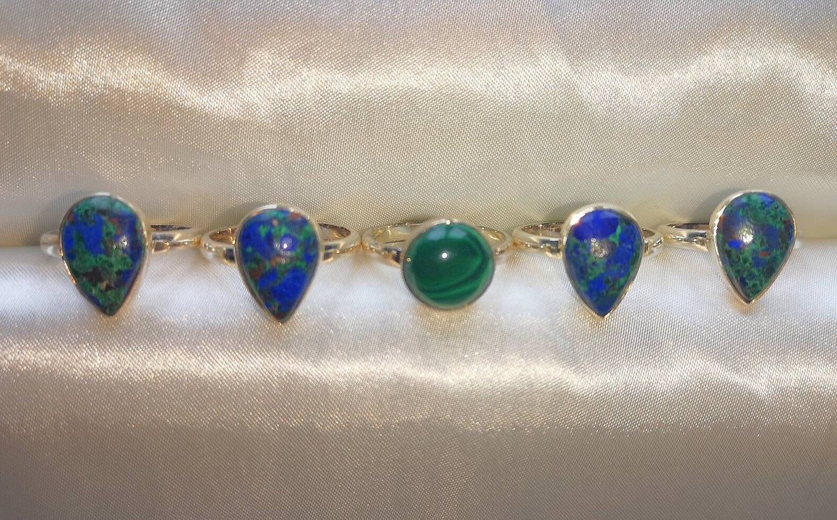 Azurite and Malachite Rings, Sterling Silver sizes P Q and S, Consciously Sourced Healing Crystals, Christmas Gift