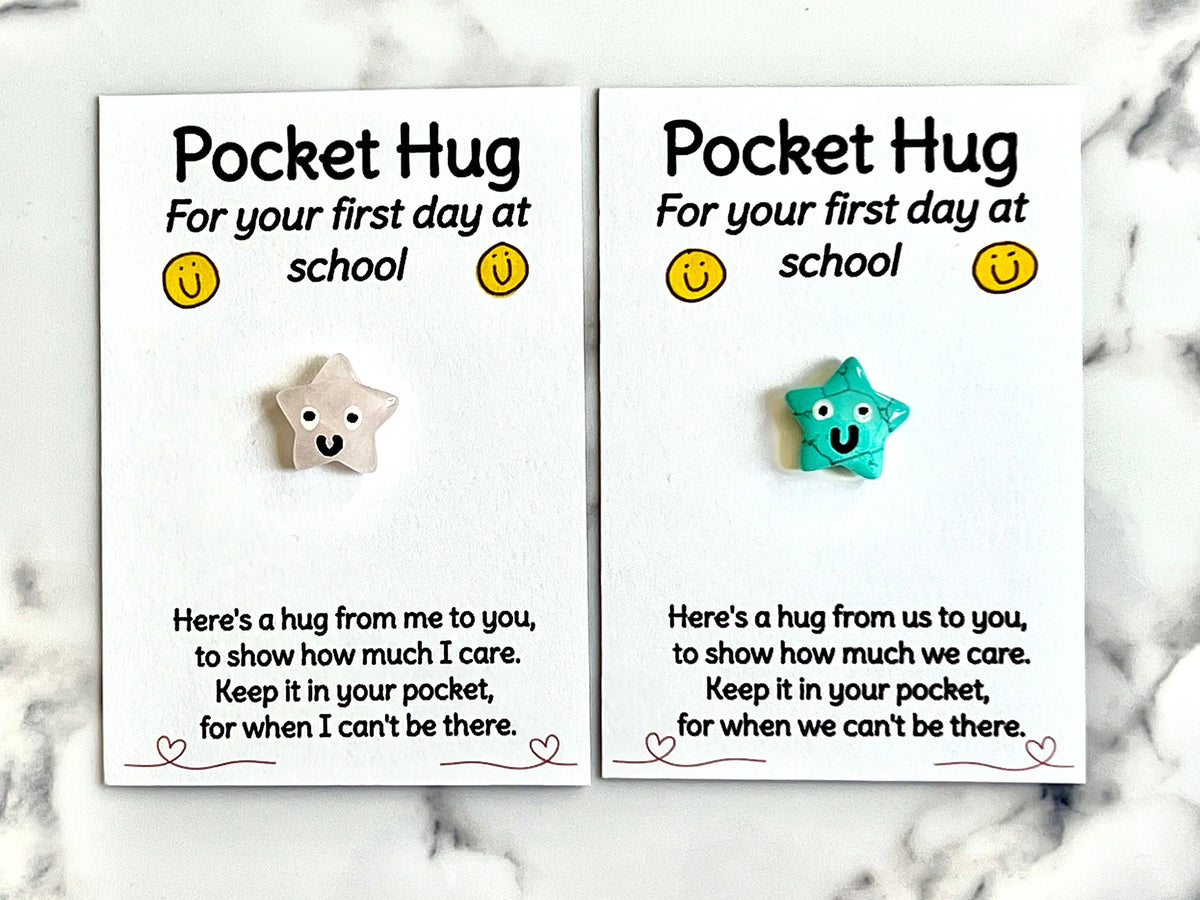 First Day at School Pocket Hug, 1st Day good luck gift and card, Crystal letterbox gift, Choose Crystal type Rose Quartz, Howlite, Amethyst