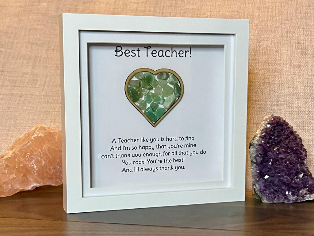 Teacher thank you gift, framed crystal heart and poem, metaphysical shop, wall art decor, aventurine gemstone gift, green crystal present