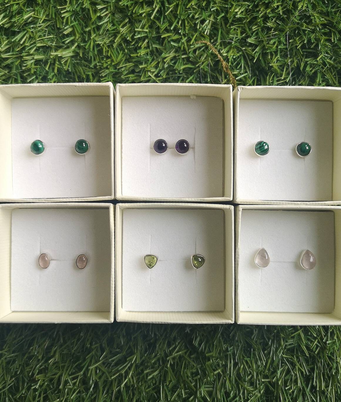 Sterling Silver Gemstone Stud Earrings, Ethically Sourced, UK Crystals, Malachite, Amethyst, Rose Quartz, Sodalite, Blue Lace Agate, Peridot