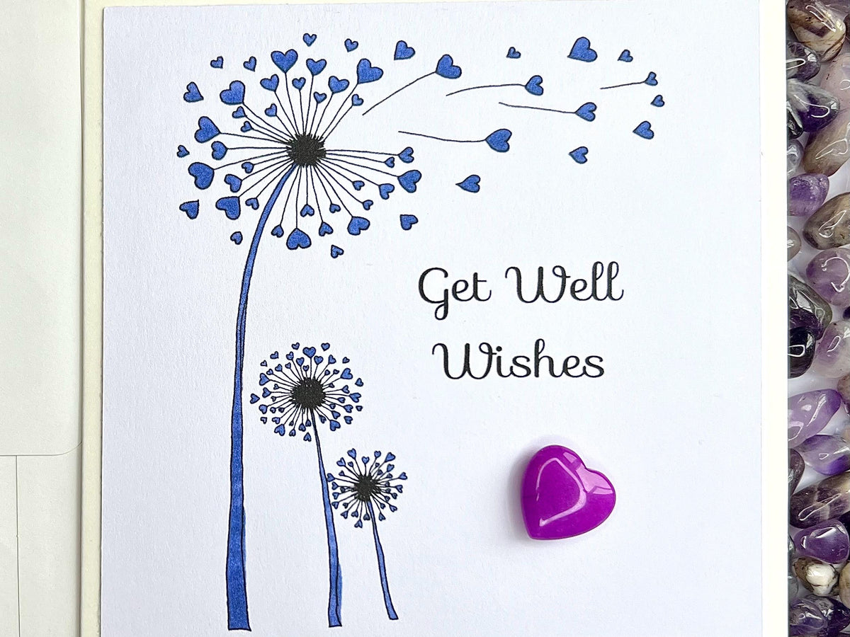 Get Well Soon Crystal Cards, Pocket Hug Dandelion Wishes, Recovery Crystals, Purple Amethyst Heart Gemstones, Gift for illness encouragement