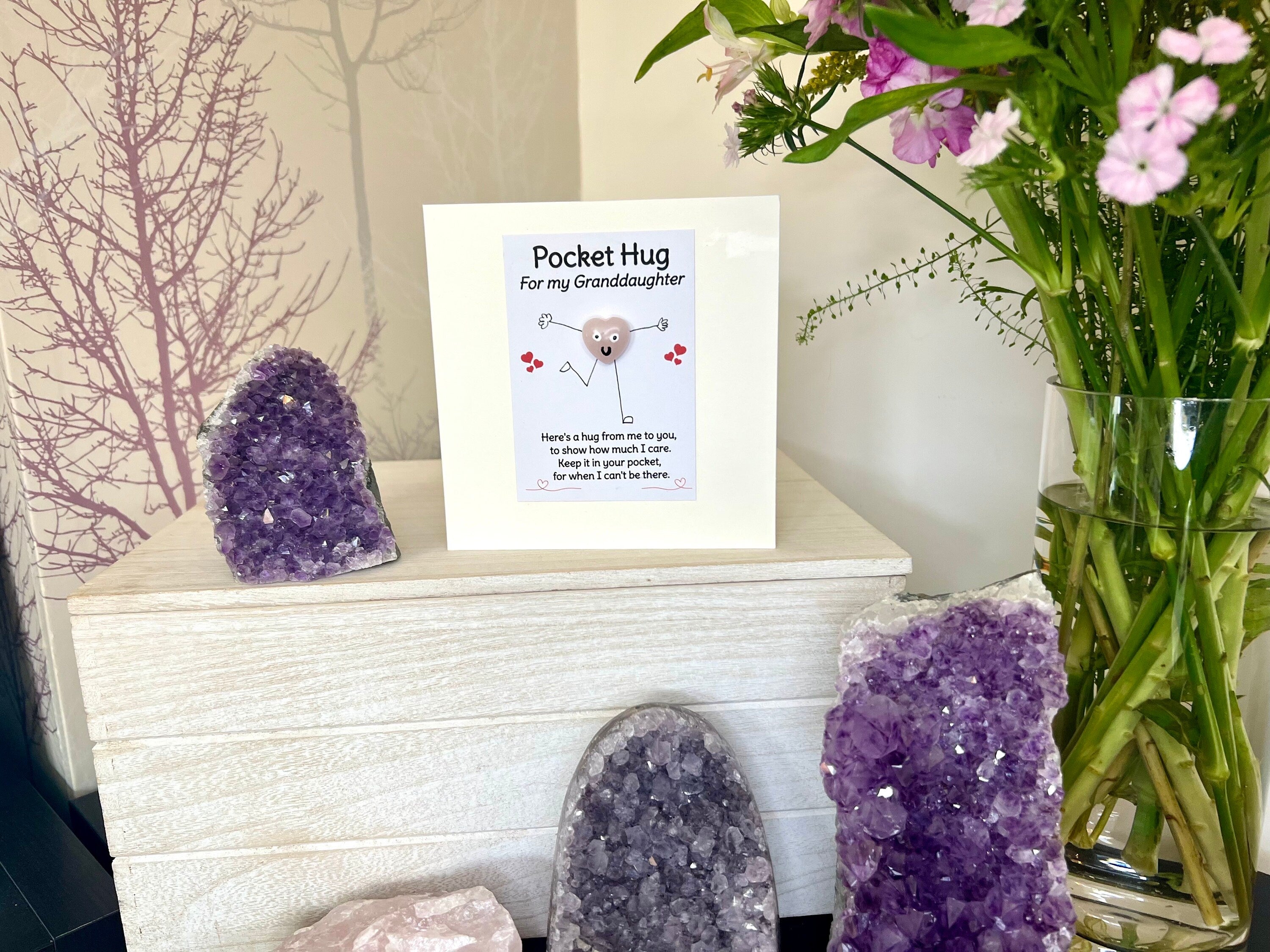 Granddaughter Rose Quartz Crystal Heart Card, Pocket Hug Greetings Card for Grandchild, Handmade Birthday, Miss You, Thinking Of You Gift