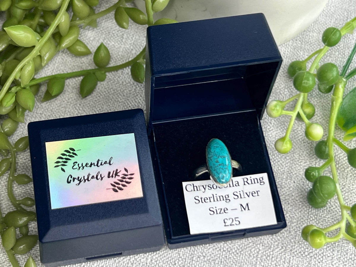 Chrysocolla Crystal Ring, 925 Sterling Silver, UK size M, Gemstone Jewellery, Crystal gift for calming, Ethically sourced, metaphysical shop