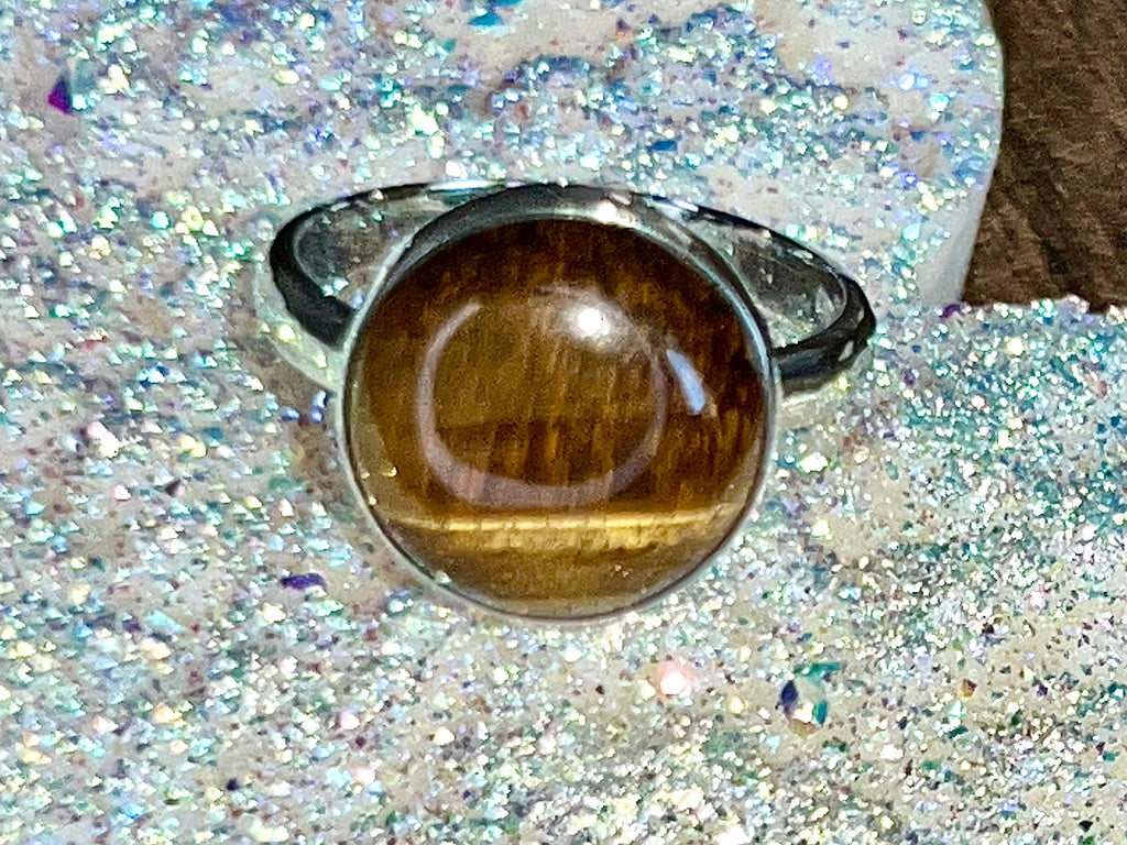 Tigers Eye Crystal Ring Size R, 925 Sterling Silver, Healing Crystal Jewellery Gift, Golden Gemstone for strength, UK Ethically sourced