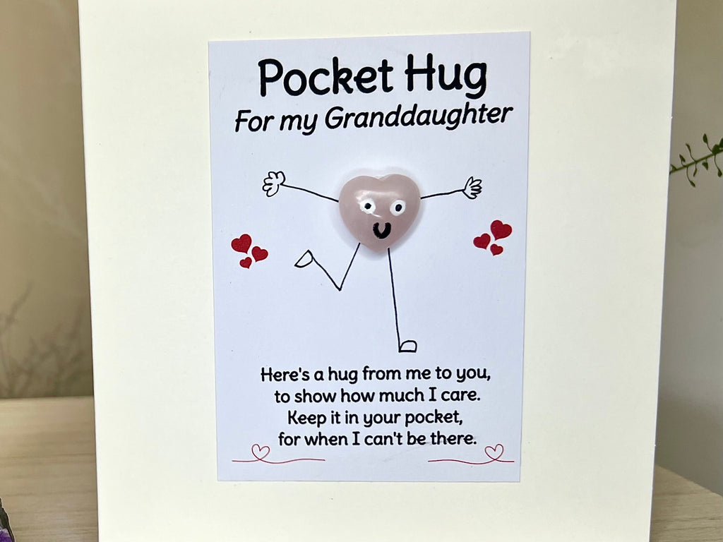 Granddaughter Rose Quartz Crystal Heart Card, Pocket Hug Greetings Card for Grandchild, Handmade Birthday, Miss You, Thinking Of You Gift
