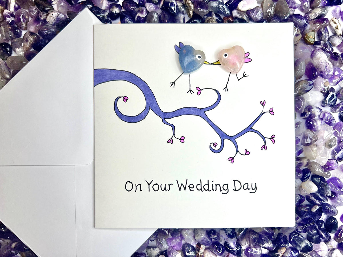 Wedding Crystal Cards, Pocket Hug Greetings Card for Bride and Groom, Handmade Keepsake Gift, Pink, Blue and Purple Amethyst Heart Gemstones