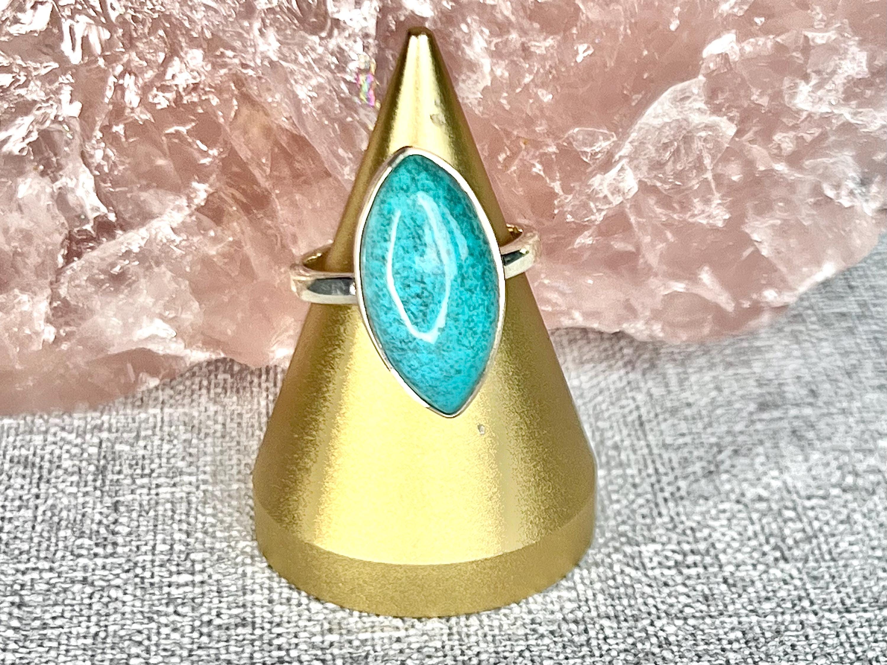 Chrysocolla Crystal Ring, 925 Sterling Silver, UK size P & 1/2, Gemstone Jewellery, Crystal gift for calming, Ethically sourced