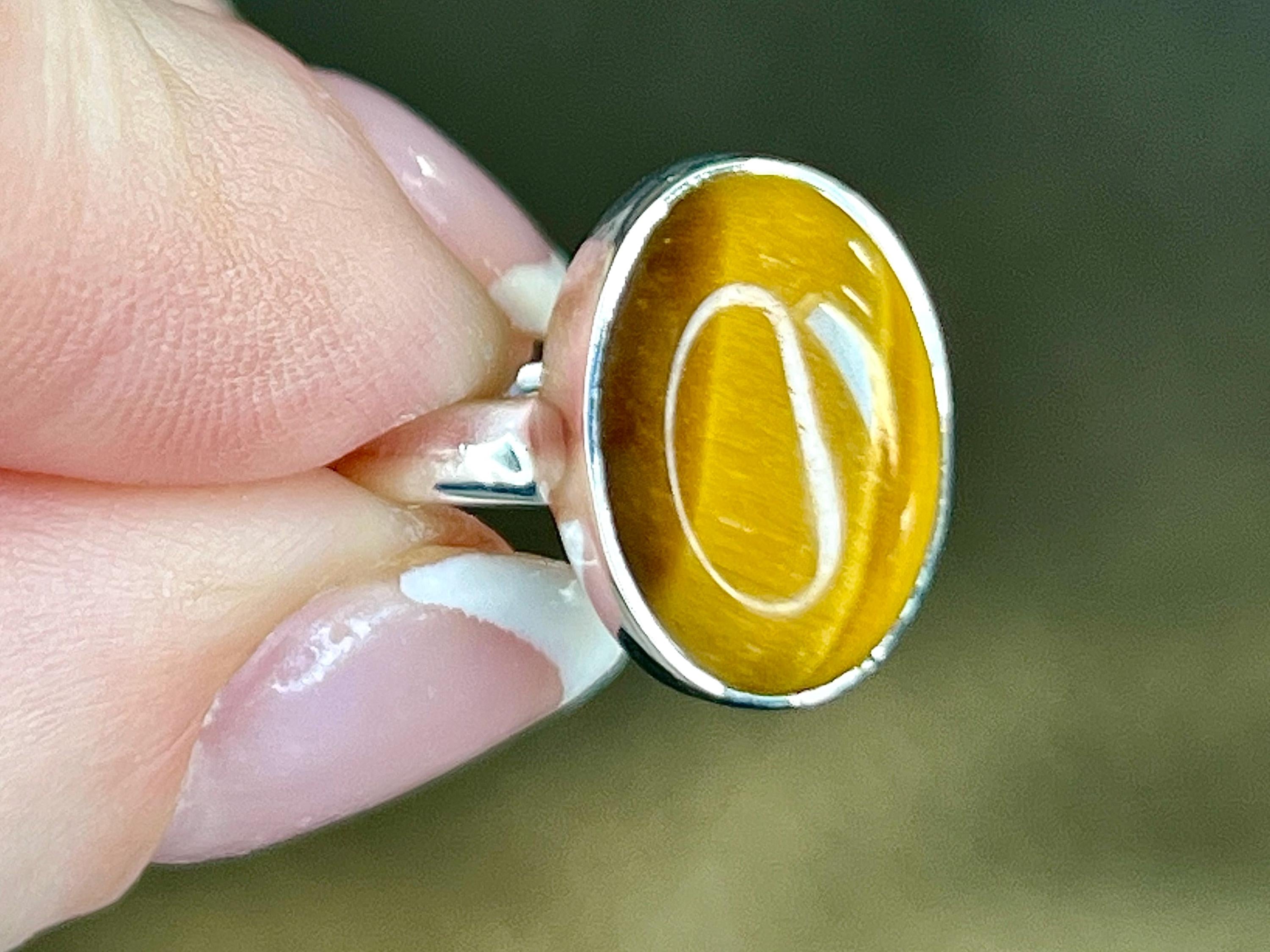 Tigers Eye Crystal Ring Size M &1/2, 925 Sterling Silver, Healing Crystal Jewellery Gift, Golden Gemstone for strength, UK Ethically sourced