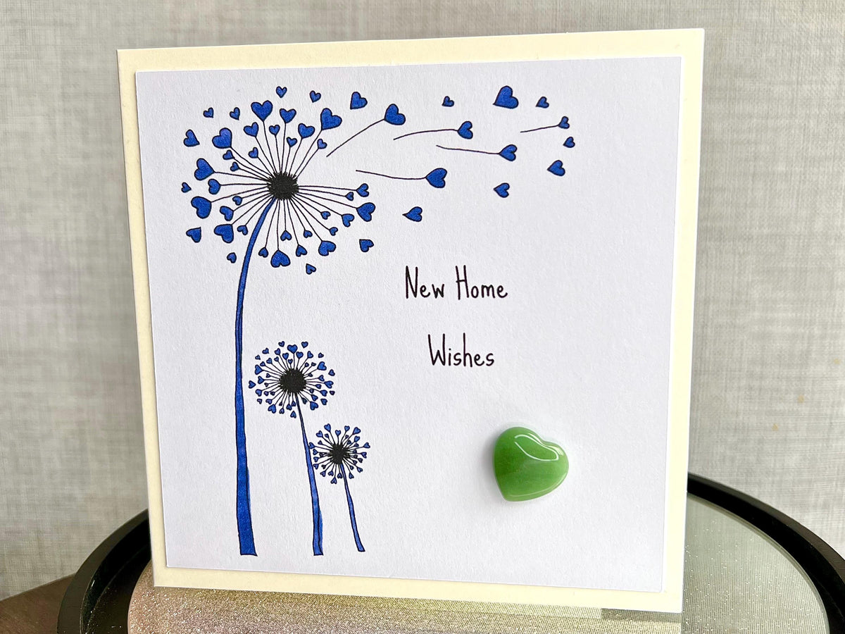 New Home Crystal Cards, Pocket Hug Dandelion Wishes keepsake, Purple Amethyst Heart Gemstones, Green Crystals for luck, House Warming Gift