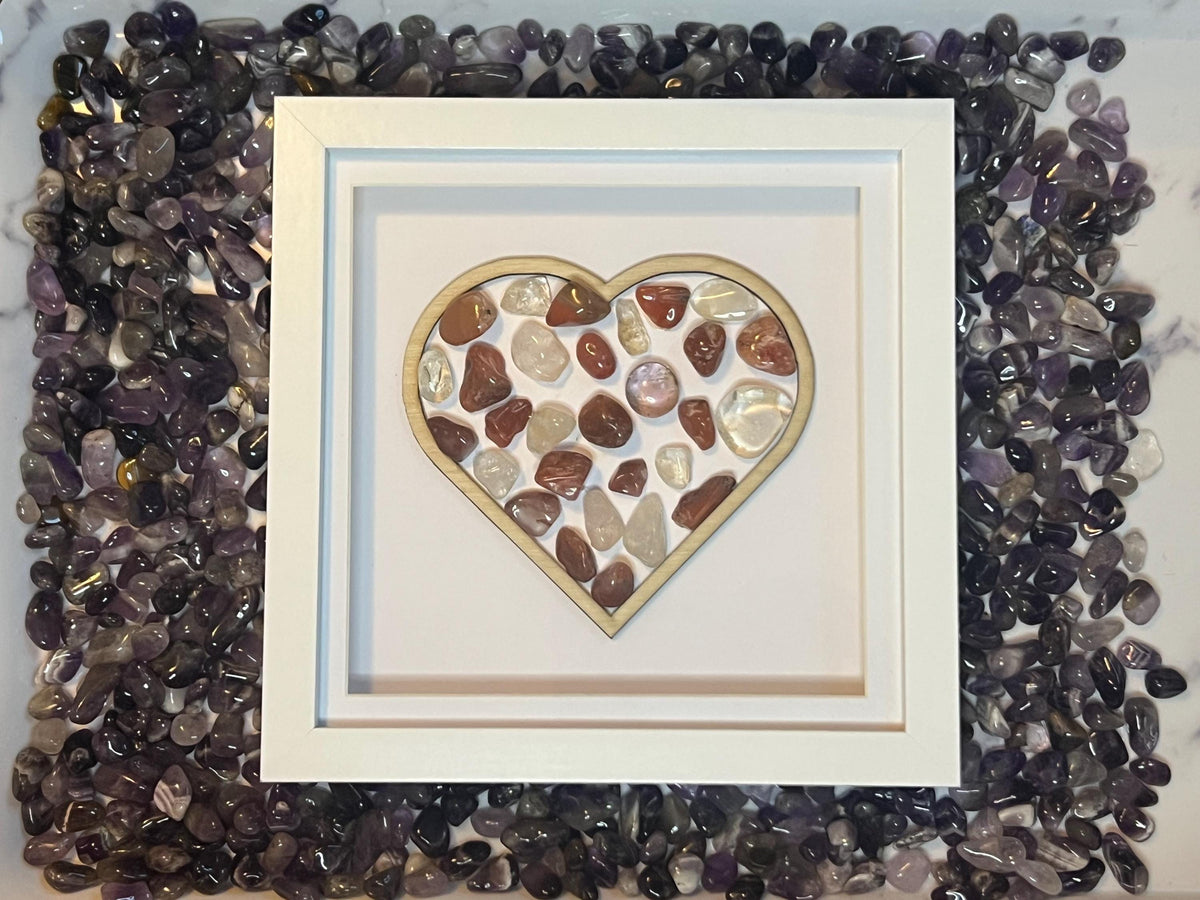 Framed Carnelian and Clear Quartz heart, crystal for strength, metaphysical shop, wall art decor, July birthday gift for her