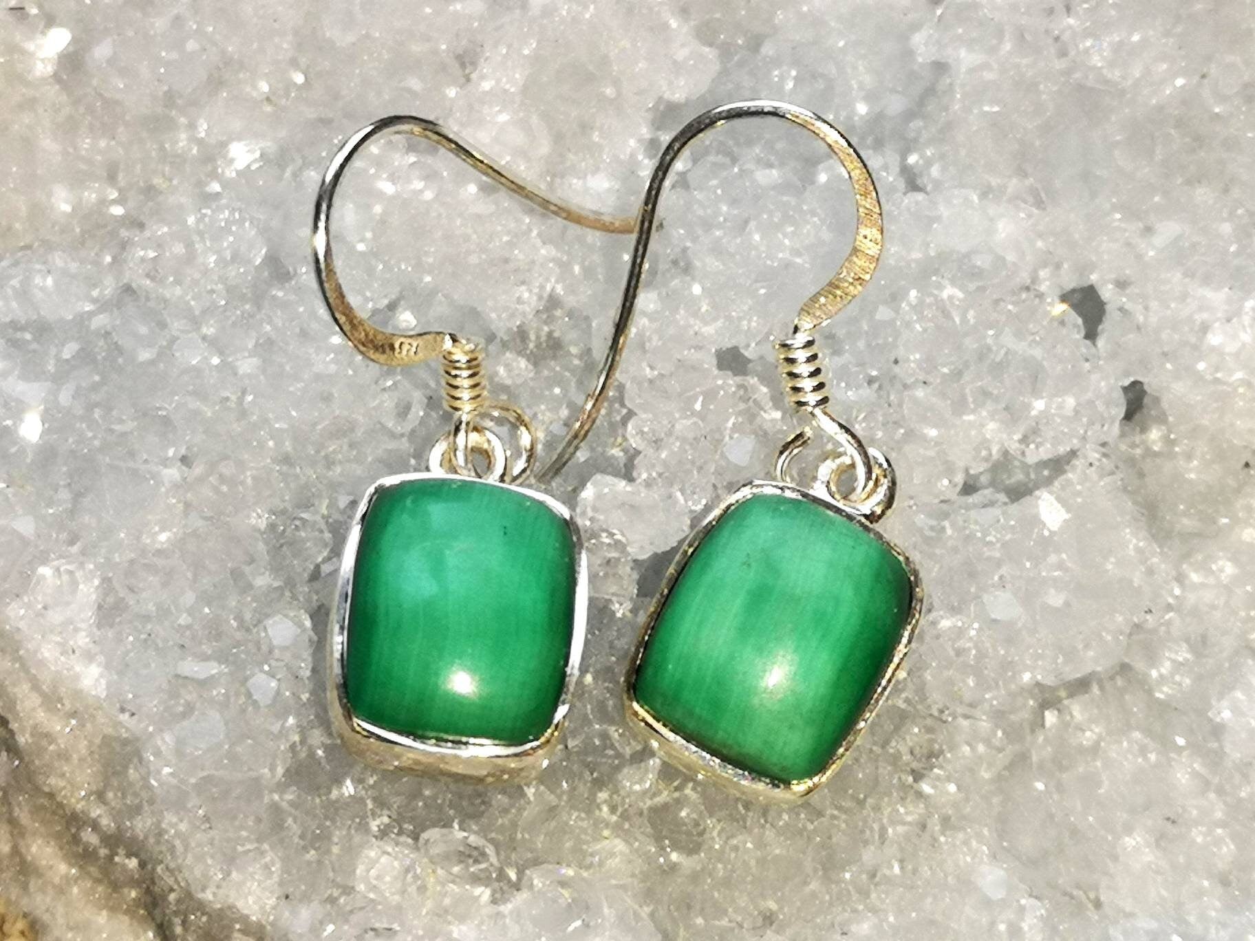 Malachite Drop Earrings, Sterling Silver Jewellery, UK Crystals Ethically Sourced, Oval and Teardrop | Rectangle | Mother's Day Gift