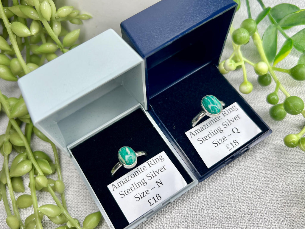 Amazonite Crystal Ring, UK Band Ring Sizes N & Q, 925 Sterling Silver, Heart Chakra, Ethically Sourced Crystals, Birthday Gift for her
