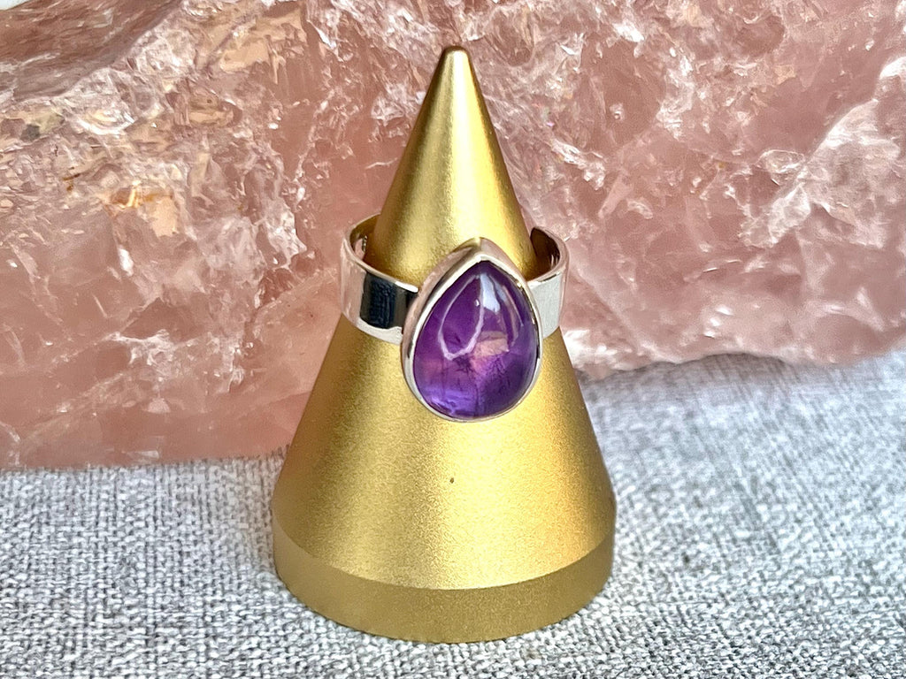 Amethyst Crystal Ring Adjustable, 925 Sterling Silver, Healing Crystal Jewellery Gift, Purple Gemstone for anxiety, UK Ethically sourced