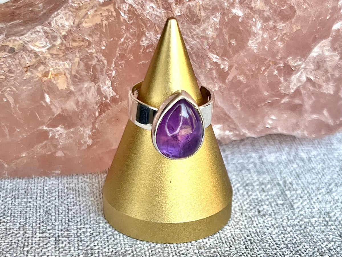Amethyst Crystal Ring Adjustable, 925 Sterling Silver, Healing Crystal Jewellery Gift, Purple Gemstone for anxiety, UK Ethically sourced