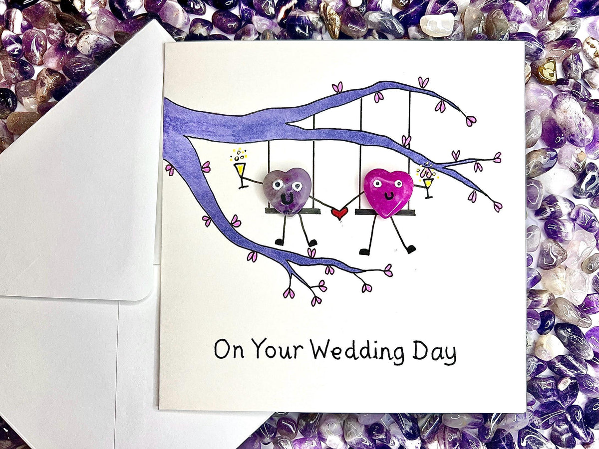 Wedding Crystal Cards, Pocket Hug Greetings Card for Bride and Groom, Handmade Keepsake Gift, Pink, Blue and Purple Amethyst Heart Gemstones