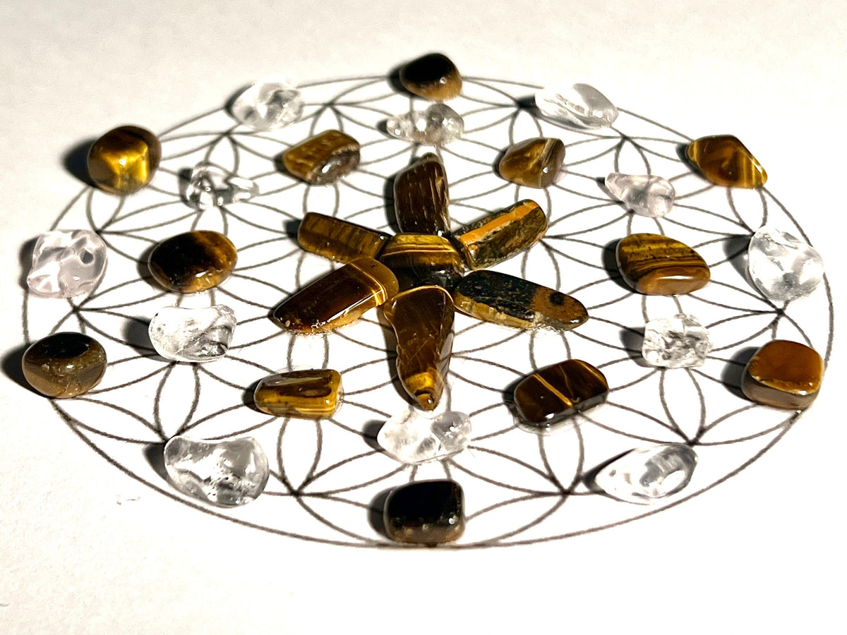 Tigers Eye, Clear Quartz and Black Tourmaline crystal grid art work, framed crystal picture for protection, wall art for friend, wife, boy