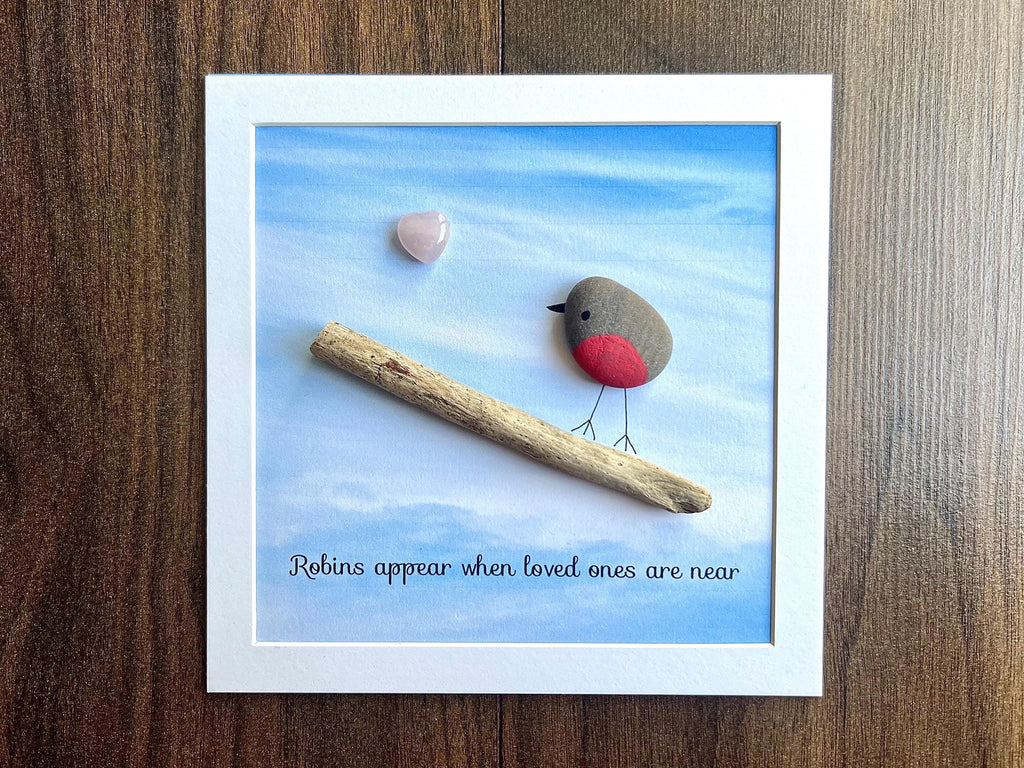 Robins Apear When Loved Ones Are Near, Hand Painted Pebble Art Frame, Remembrance Wall Art, Memorial Keepsake, Sympathy Gift for Bereavement