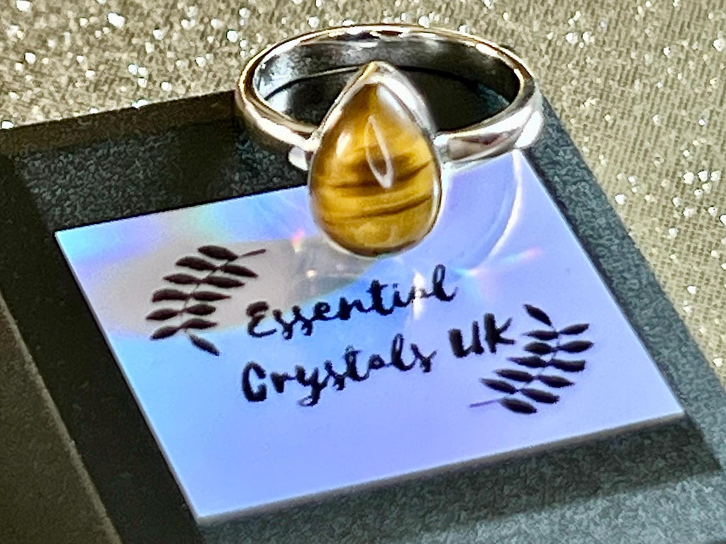 Tigers Eye Crystal Ring Size M, 925 Sterling Silver, Healing Crystal Jewellery Gift, Golden Gemstone for strength, UK Ethically sourced