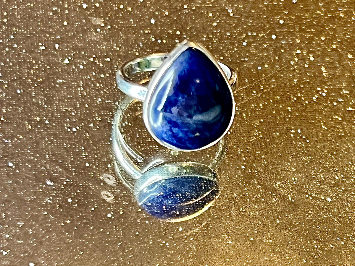Sodalite Crystal Ring Size Q, 925 Sterling Silver, Healing Crystal Jewellery Gift for her, Blue Gemstone for calm, UK Ethically sourced