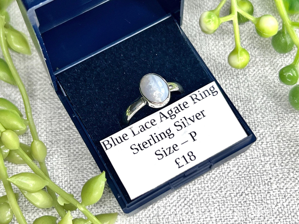 Blue Lace Agate Crystal Ring, UK Size P, 925 Sterling Silver, Healing Crystal Jewellery Gift, Purple Gemstone for anxiety, Ethically sourced