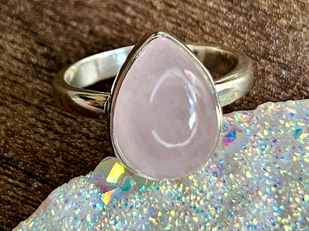 Rose Quartz Crystal Ring Size O, 925 Sterling Silver, Crystal Jewellery Gift for her, Pink Gemstone, Stone for Love, UK Ethically sourced
